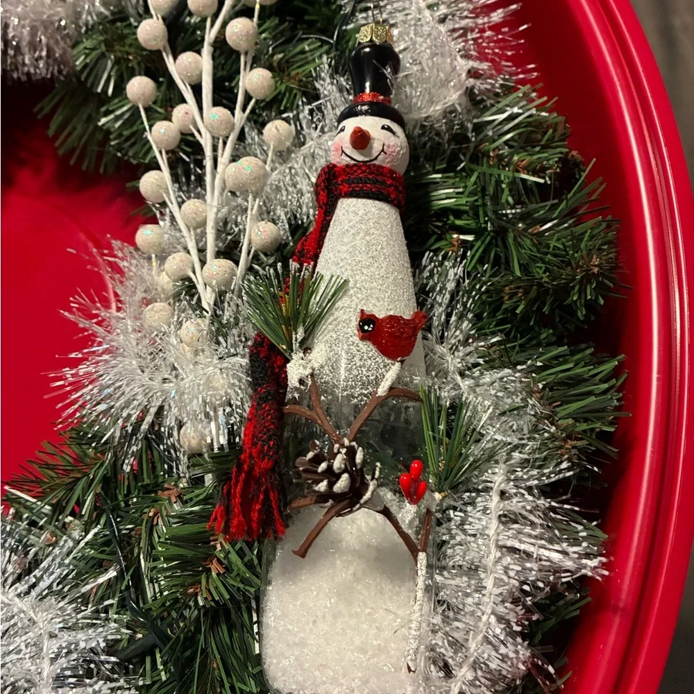 Hand Crafted Holiday Lit Wreath with Snowman and White Accents